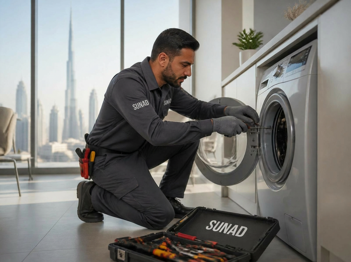 SUNAD technician repairing a washing machine in a Dubai apartment